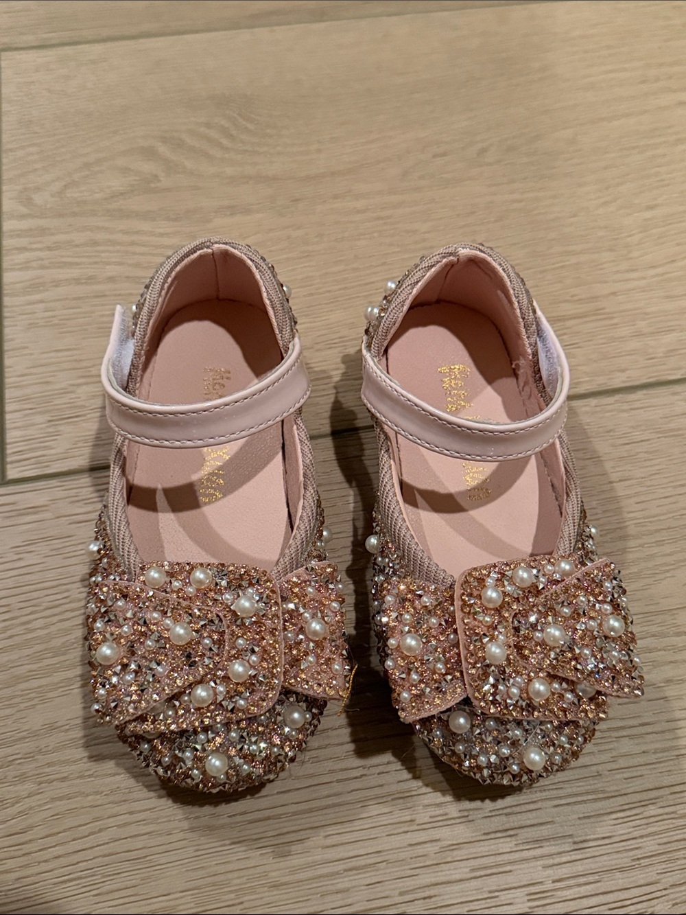MonnaLisa Pink Jeweled Mary Jane Flats with Pearl Bow